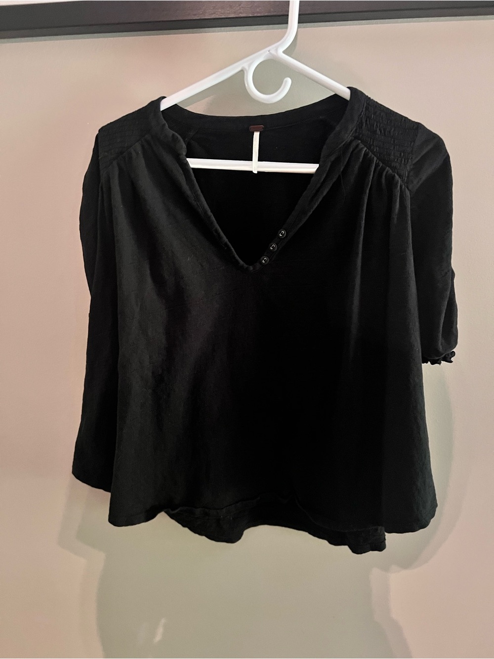 Free People Black V-Neck Button Peasant Top